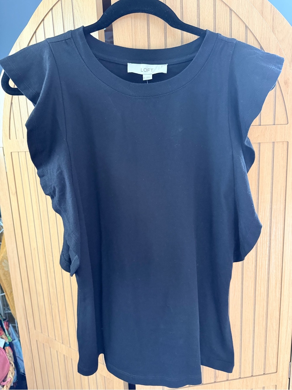 LOFT Black Ruffle Sleeve Crew Neck Tank
